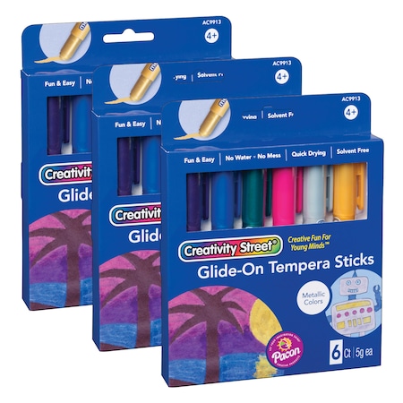 Creativity Street Glide-On Tempera Paint Sticks, Metallic, 5 grams, 6 Count, PK3 PAC9913
